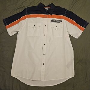 Harley-Davidson Short Sleeve Button-Down Shirt in White, Black & Orange